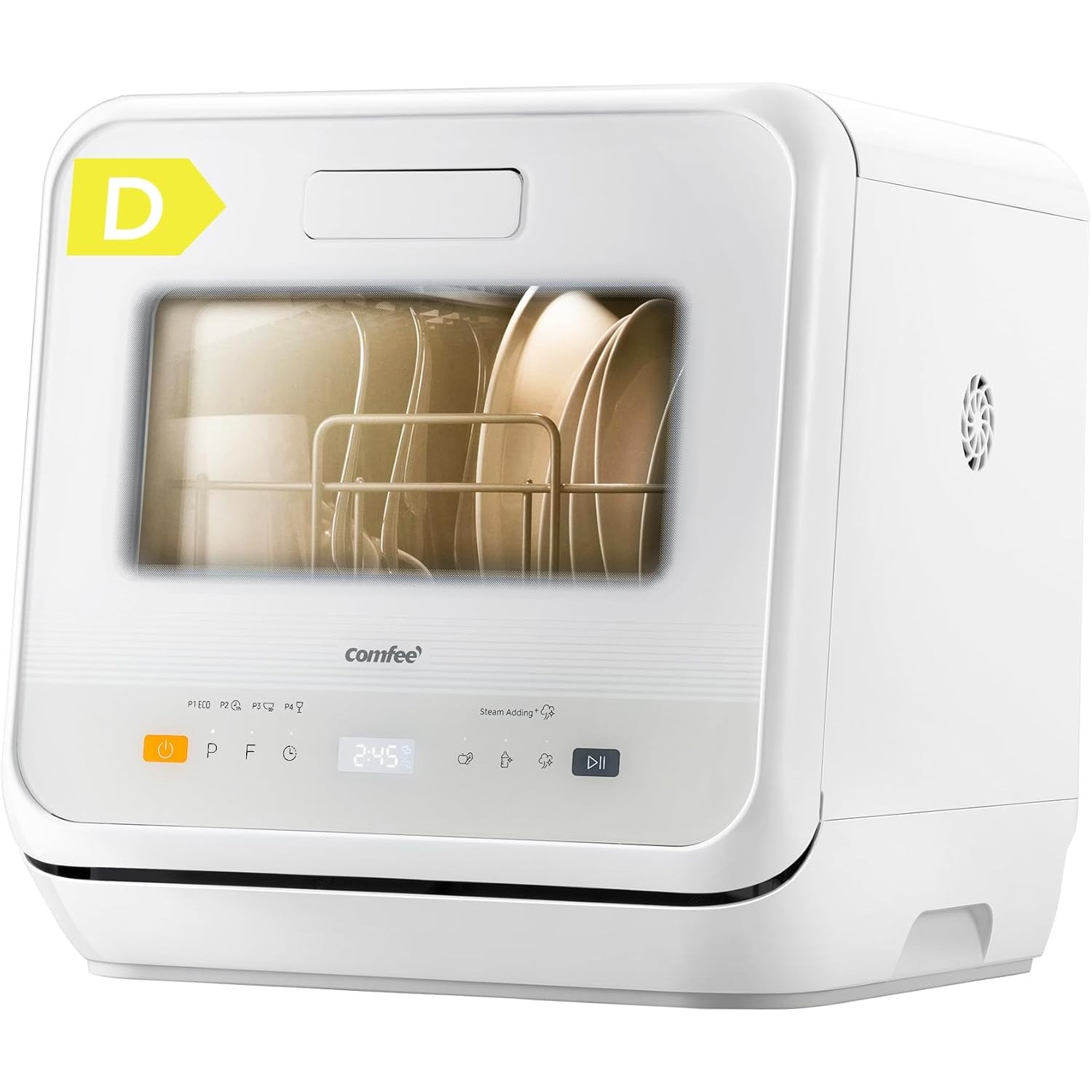 COMFEE' tabletop dishwasher shown from the front on a kitchen worktop