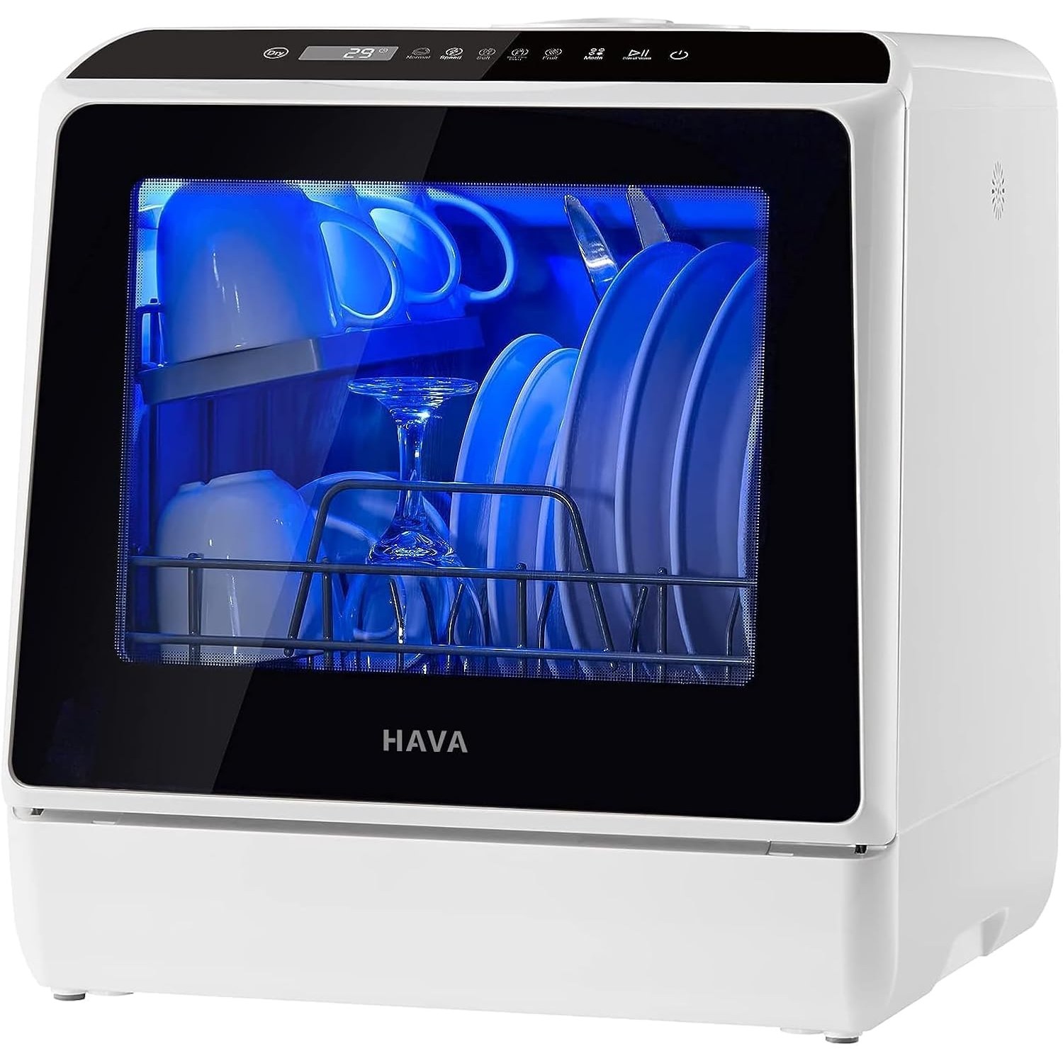 HAVA tabletop dishwasher shown from the front on a kitchen worktop