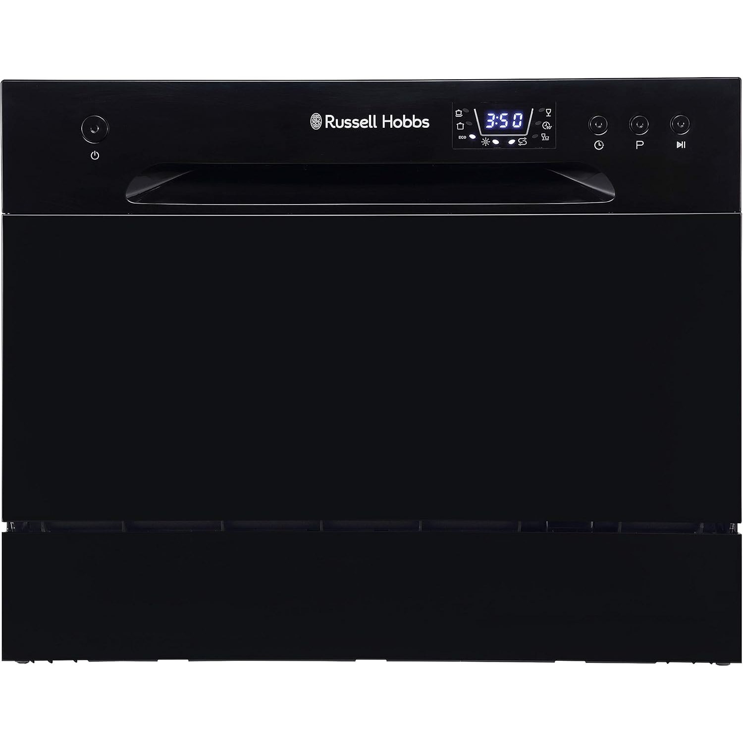 Russell Hobbs tabletop dishwasher shown from the front on a kitchen worktop