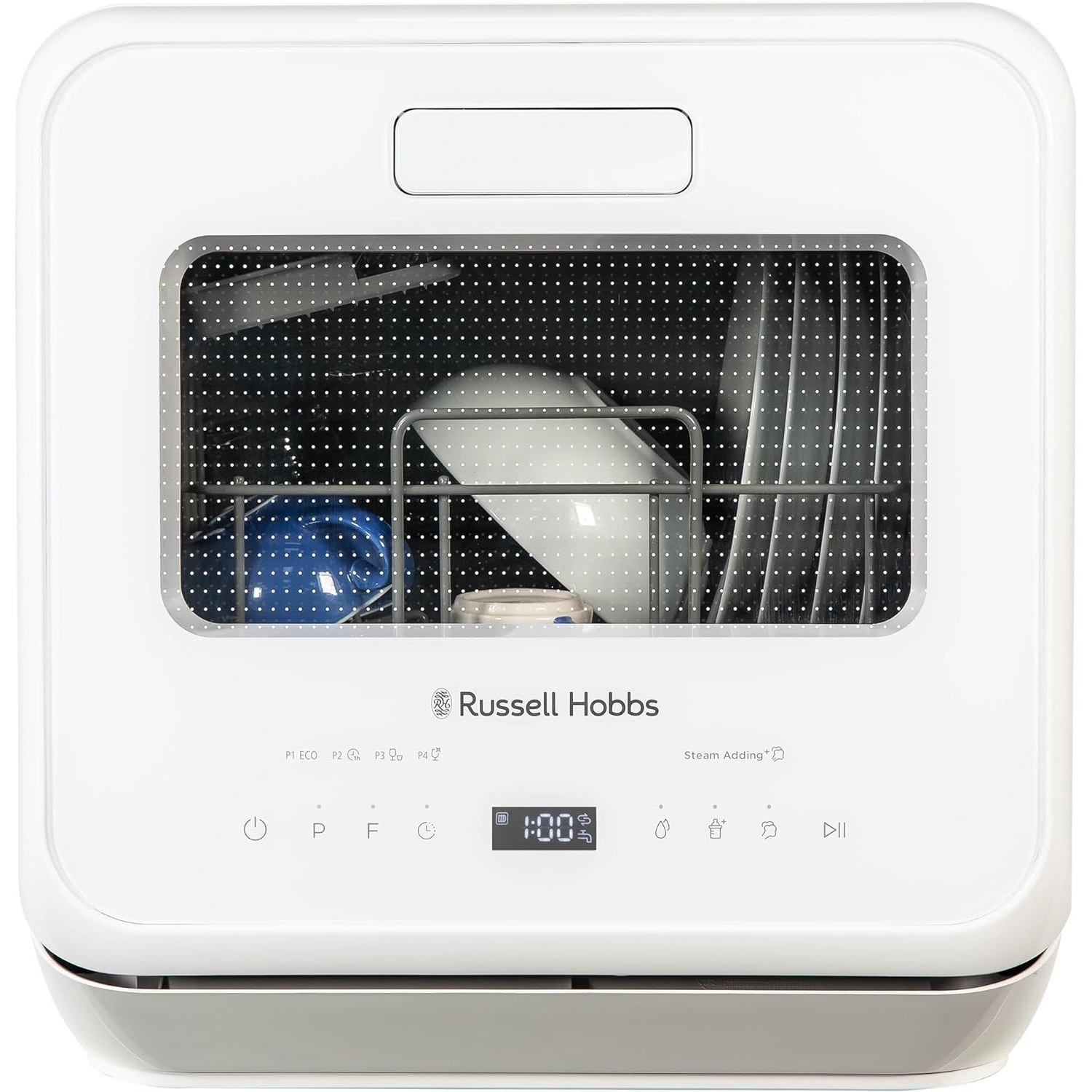 Russell Hobbs tabletop dishwasher shown from the front on a kitchen worktop